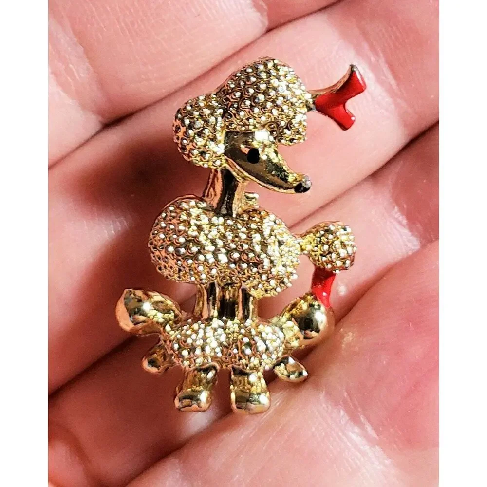 Vintage Poodle Dog Brooch Pin Textured Gold Tone‎ Enamel Poodle Lover ab1-